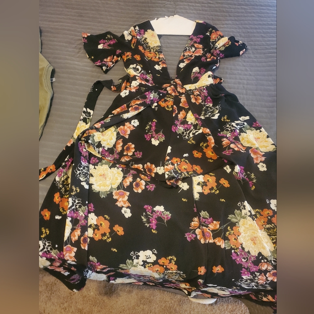 Black Floral Maxi Dress Romper Shorts Deep V Front and Back Tie Waist